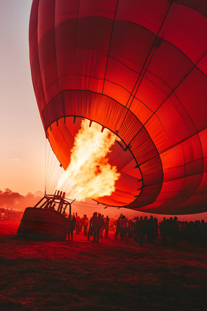 Giant Balloon Inflation: A Close-up of a Giant Hot Air Balloon Inflating at Sunrise as a Crowd Excitedly Prepares for the Morning Launch.の素材