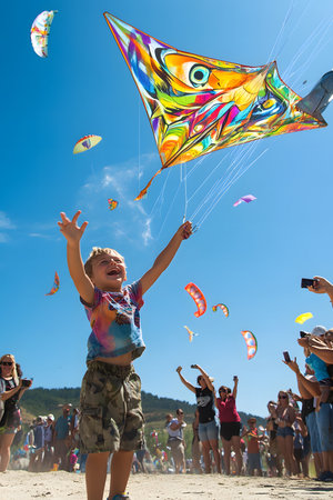 Artistic Kite Festival: A Child Joyfully Launching a Large, Artistic Kite Surrounded by People Cheering and Taking Photos at a Kite Festival Event.の素材