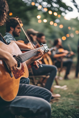 Musicians engaged in playing acoustic guitars outdoors, with soft glowing lights in the background, creating a relaxed and inviting ambiance for a live performanceの素材