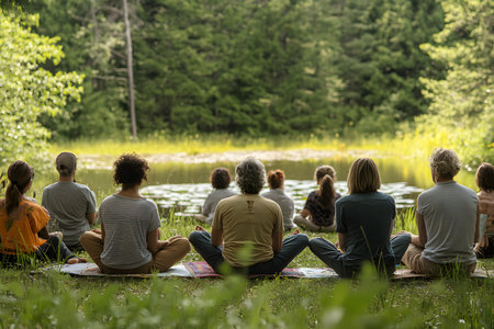 Individuals engaged in mindfulness meditation by a tranquil lake, surrounded by vibrant greenery, fostering a serene environment for relaxation and inner peaceの素材