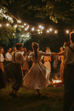 Happy people are dancing around a fire at night, surrounded by glowing string lights, creating a lively and festive ambiance of joy and communityの素材