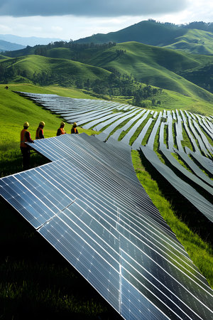 Team members are engaged in the installation of solar panels on a verdant hillside, emphasizing the importance of renewable energy and environmental sustainabilityの素材