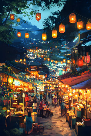 Night market filled with colorful lanterns and busy stalls, showcasing a variety of food and crafts, creating a vibrant and lively ambiance for visitorsの素材