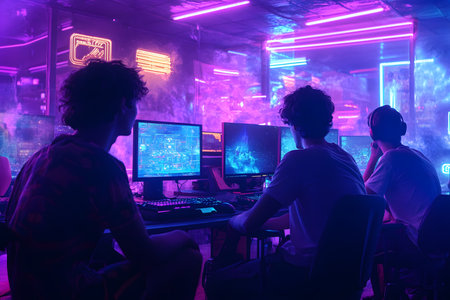 Young individuals focused on competitive gaming in a neon-lit environment, with multiple screens displaying colorful graphics, highlighting the excitement of digital entertainmentの素材
