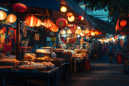 Night market bustling with activity, colorful lanterns lighting up food stalls and products, creating an inviting atmosphere for shoppers and vendors interacting in the vibrant settingの素材