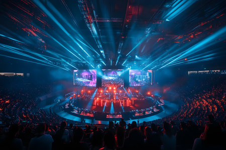 Energetic esports event in a packed arena, featuring bright blue and red lighting effects, large screens, and an engaged crowd, creating an electrifying atmosphereの素材