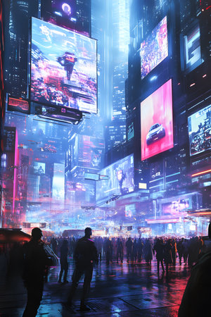 Nighttime urban scene filled with neon lights and digital billboards, showcasing a lively crowd in a futuristic city, reflecting modern technology and vibrant atmosphereの素材