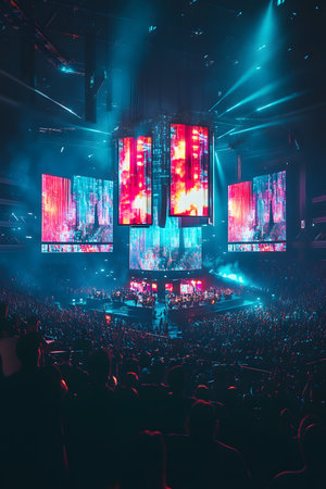 Energetic concert atmosphere featuring a large audience captivated by a live performance, surrounded by colorful lights and impressive visuals, enhancing the experienceの素材