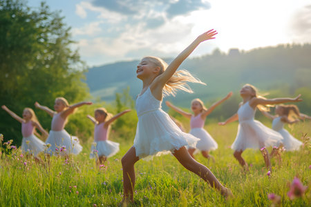 Young girls in white dresses are dancing joyfully in a sunlit meadow filled with wildflowers, embodying the spirit of childhood joy and freedom in a natural settingの素材