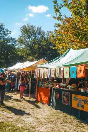 Outdoor market features colorful tents showcasing handmade crafts, with visitors exploring the vibrant stalls and enjoying the lively atmosphere of a community gatheringの素材
