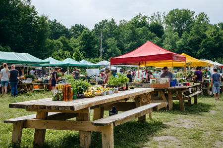 Outdoor farmers market bustling with activity, showcasing colorful tents filled with fresh fruits and vegetables, creating a vibrant community experience and promoting healthy livingの素材