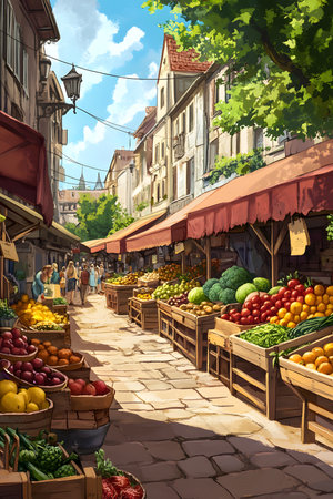 Lively street market filled with fresh fruits and vegetables, surrounded by quaint buildings and shoppers enjoying the atmosphere, highlighting local culture and community engagementの素材
