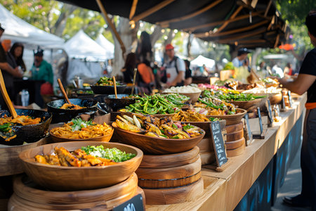 Vibrant food market scene showcasing an array of fresh dishes in wooden bowls, surrounded by colorful vegetables and garnishes, inviting culinary exploration and enjoymentの素材
