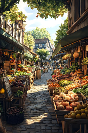 Lively street market filled with fresh fruits and vegetables in wooden crates, surrounded by greenery and charming architecture, capturing the essence of local culture and communityの素材