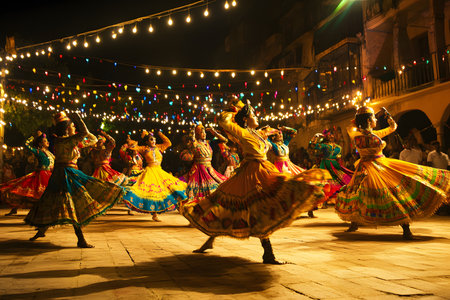 Traditional dancers in bright costumes showcase their skills in a lively folk dance, illuminated by colorful lights, creating an energetic and festive ambianceの素材