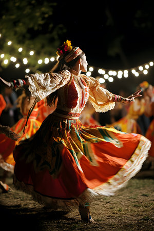 Female dancer in colorful attire performs gracefully at night, illuminated by string lights, embodying joy and cultural heritage in a festive atmosphereの素材