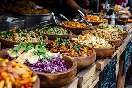 A vibrant market scene featuring an array of fresh salads and dishes in wooden bowls, highlighting colorful ingredients and an inviting atmosphere for culinary enthusiastsの素材