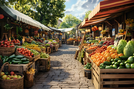 Outdoor market bustling with activity, showcasing a variety of fresh fruits and vegetables in wooden crates, surrounded by greenery and vibrant colorsの素材