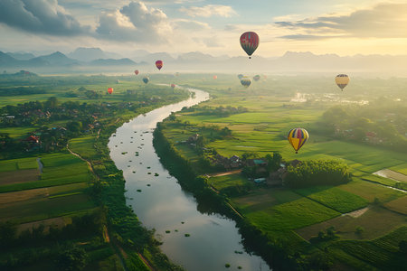 Vibrant hot air balloons soar over a tranquil river, with verdant fields and majestic mountains in the background, capturing the beauty of nature and adventureの素材