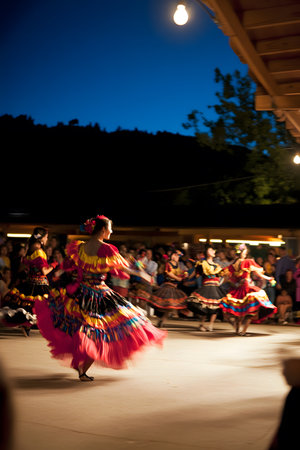 Colorful dancers in traditional costumes perform a lively folk dance at an outdoor festival, illuminated by string lights, celebrating cultural heritage and community joyの素材
