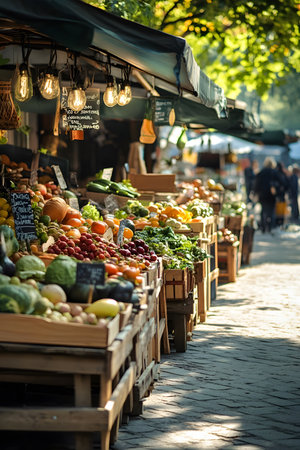 Outdoor market filled with colorful fruits and vegetables arranged in wooden crates, illuminated by sunlight, creating a lively atmosphere for shoppers to enjoy fresh produceの素材