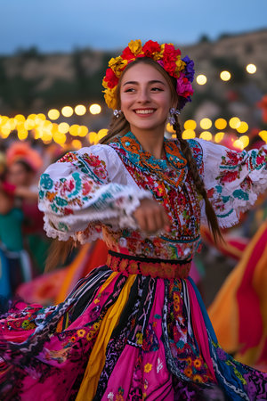 Female dancer in colorful traditional attire performs at a lively cultural festival, illuminated by bright lights, expressing joy and cultural prideの素材