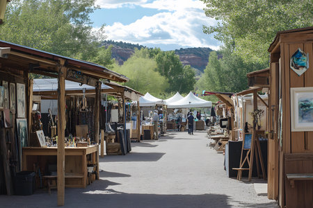 Artisan market with wooden stalls and tents displays handmade crafts and artwork, set in a scenic outdoor location with trees and mountains in the backgroundの素材
