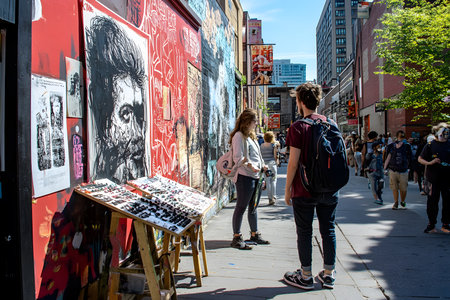 Young individuals are admiring colorful street art mural while interacting with artist's work on easel, highlighting urban culture and creativity in a lively environmentの素材