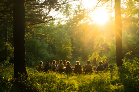 Individuals are seated on grass in a lush forest, illuminated by warm sunset light, creating a tranquil atmosphere for connection and relaxationの素材