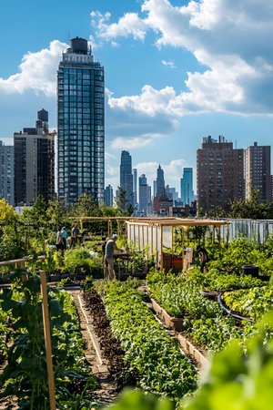 Vibrant rooftop garden filled with lush plants, where people are actively gardening, set against a backdrop of towering buildings and a clear sky, promoting urban sustainabilityの素材