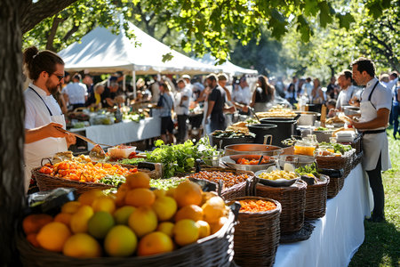 Outdoor market bustling with activity, showcasing colorful fruits and vegetables in baskets, while vendors interact with customers in a vibrant, sunny environmentの素材