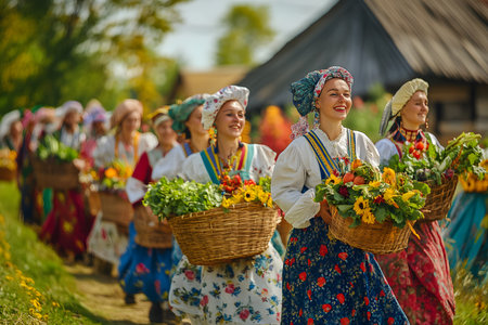 Women dressed in colorful traditional clothing are walking along a scenic path, carrying baskets of fresh produce and flowers, embodying the spirit of harvest celebrationの素材