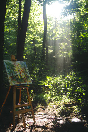 Vibrant painting on easel in sunlit forest, surrounded by lush greenery and soft light, creating a peaceful and inspiring environment for creativityの素材