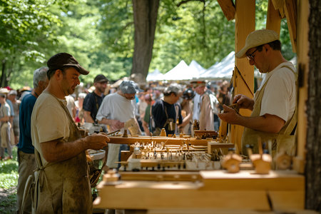 Artisans working on wooden crafts at a vibrant craft fair, with various handmade items displayed on tables, creating a lively and engaging atmosphereの素材