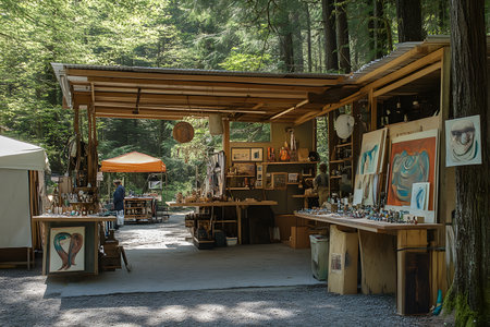 Artisan market stall features handcrafted items, surrounded by trees and natural light, inviting visitors to explore unique creations in a vibrant outdoor settingの素材