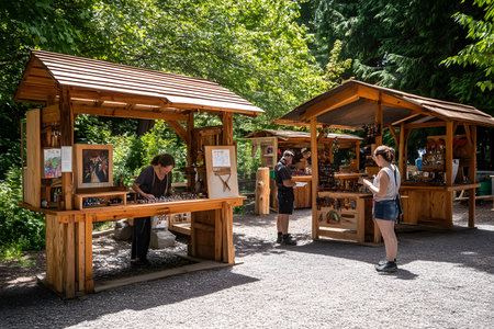 People interacting at wooden market stalls surrounded by greenery, displaying handmade crafts and art, fostering a lively community atmosphereの素材