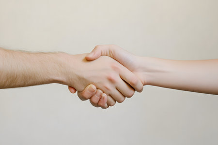 Hands are clasped in a handshake, representing collaboration and mutual understanding, set against a soft neutral backdrop that emphasizes the bond and trustの素材