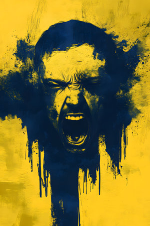 Abstract illustration depicts a face expressing intense emotion through a scream, with vibrant blue and yellow colors blending together, creating a striking visual impactの素材