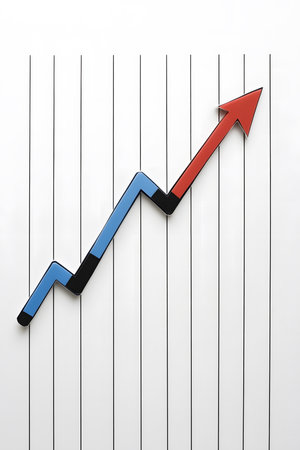 Upward trending graph illustration with blue and red lines on a white background, symbolizing growth, success, and positive performance in business or financial analysisの素材
