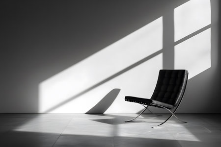 Sleek black chair stands alone in a minimalist space, illuminated by sunlight streaming through large windows, enhancing the tranquil atmosphere and design elementsの素材