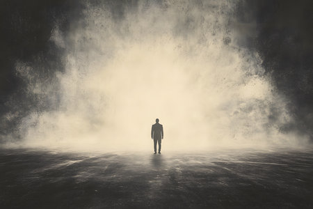 A man in a suit stands alone in a foggy landscape, creating a silhouette against the mist, evoking a sense of solitude and contemplation in a surreal settingの素材