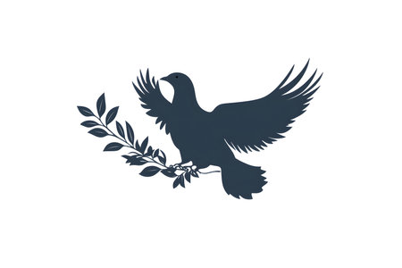 Illustration of a bird soaring with an olive branch, representing peace and tranquility, featuring intricate feather details and graceful wing movementの素材