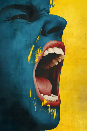 Vivid illustration features a person with a blue face and red lips, shouting passionately against a bright yellow backdrop, capturing powerful emotions and artistic flairの素材
