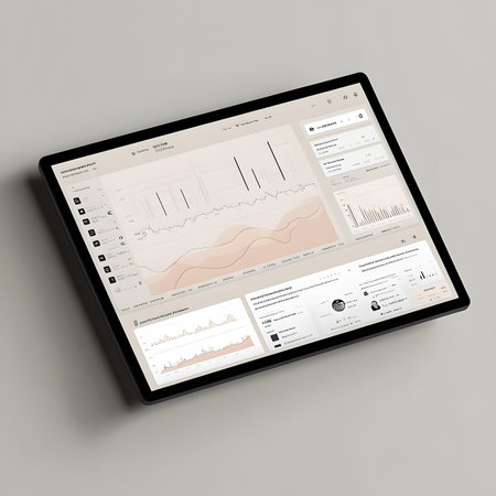 Tablet features an interactive data analytics dashboard with various graphs and charts, illustrating modern technology for effective business insights and analysisの素材