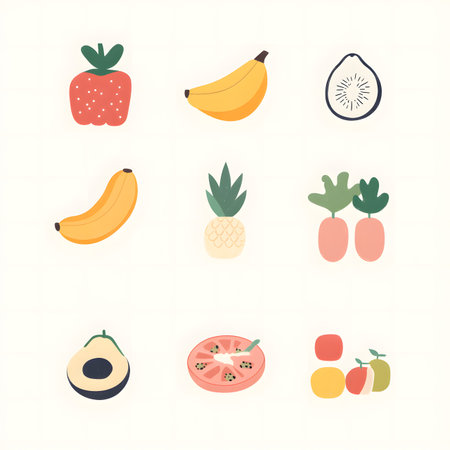Flat illustration showcasing an assortment of fruits like strawberries, bananas, figs, and tomatoes in a grid layout, perfect for creative projects and vibrant designsの素材