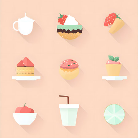 Flat illustration showcasing a variety of desserts like cakes, ice cream, and fruits in a grid layout, set against a soft pastel background for vibrant food visualsの素材