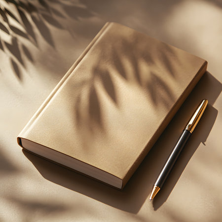 Golden notebook and black pen are positioned on a smooth surface, with soft shadows enhancing the tranquil ambiance of a creative workspaceの素材