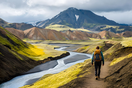 A lone traveler walking along a scenic mountain trail with a small backpack. Ideal for sustainable tourism, adventure, and minimalism topicsの素材