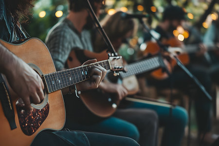 Group of musicians performing with acoustic guitars in a cozy outdoor environment, illuminated by soft lights and surrounded by lush greenery, enhancing the ambianceの素材