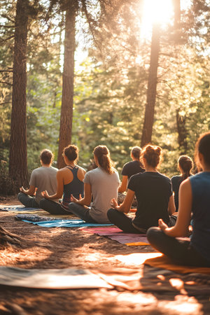 Individuals engaged in yoga practice outdoors in a tranquil forest, surrounded by trees and soft sunlight, creating a peaceful atmosphere for mindfulness and relaxationの素材